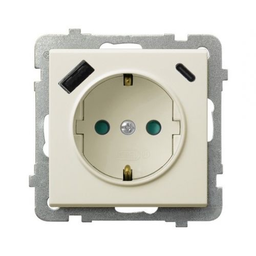 SONATA Gniazdo pojedyncze z uziemieniem schuko z przesłonami torów prądowych z ładowarką USB A+C kolor ecru GP-1RSPUSBAC/m/27 OSPEL - gp-1rspusbac_m_27 - m/22584147/gp-1rspusbac-m-27.jpg