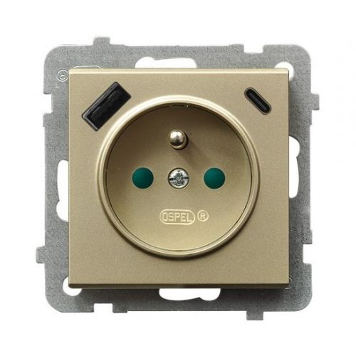 SONATA Gniazdo pojedyncze z uziemieniem z przesłonami torów prądowych z ładowarką USB A+C kolor szampański złoty GP-1RZPUSBAC/m/39 OSPEL - gp-1rzpusbac_m_39 - m/22584156/gp-1rzpusbac-m-39.jpg