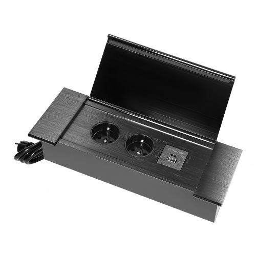 Gniazdo meblowe wpuszczane w blat z płaskim frezowanym rantem, uchylną klapką, ładowarką USB i przew - ORGM9048B_5908254849879_2D_0001_large - m/22763400/orgm9048b-5908254849879-2d-0001-large.jpg