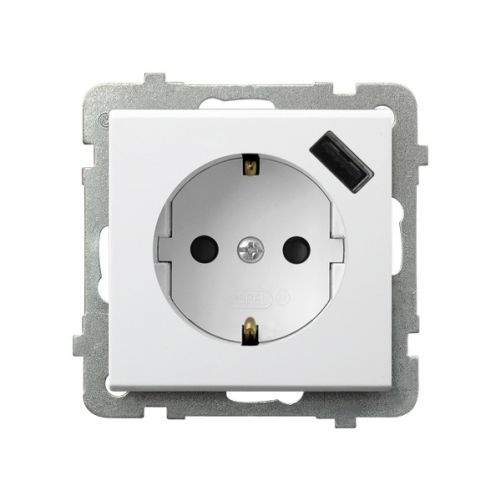 SONATA Gniazdo pojedyncze z uziemieniem schuko z przesłonami torów prądowych z ładowarką USB kolor biały mat GP-1RSPUSB/m/75 OSPEL - gp-1rspusb_m_00 - m/24348695/gp-1rspusb-m-00.jpg