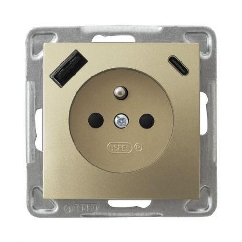 IMPRESJA Gniazdo pojedyncze z uziemieniem z przesłonami torów prądowych z ładowarką USB A+C kolor złoty metalik GP-1YZPUSBAC/m/28 OSPEL - gp-1yzpusbac_m_28 - m/24348998/gp-1yzpusbac-m-28.jpg