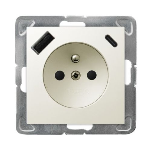 IMPRESJA Gniazdo pojedyncze z uziemieniem z przesłonami torów prądowych z ładowarką USB A+C kolor ecru GP-1YZPUSBAC/m/27 OSPEL - gp-1yzpusbac_m_27 - m/24349000/gp-1yzpusbac-m-27.jpg