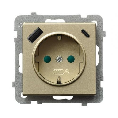 SONATA Gniazdo pojedyncze z uziemieniem schuko z przesłonami torów prądowych z ładowarką USB A+C kolor szampański złoty GP-1RSPUSBAC/m/39 OSPEL - gp-1rspusbac_m_39 - m/24349026/gp-1rspusbac-m-39.jpg