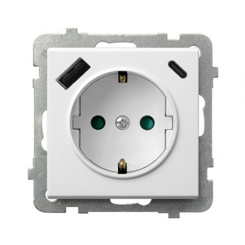 SONATA Gniazdo pojedyncze z uziemieniem schuko z przesłonami torów prądowych z ładowarką USB A+C kolor biały GP-1RSPUSBAC/m/00 OSPEL - gp-1rspusbac_m_00 - m/24349028/gp-1rspusbac-m-00.jpg